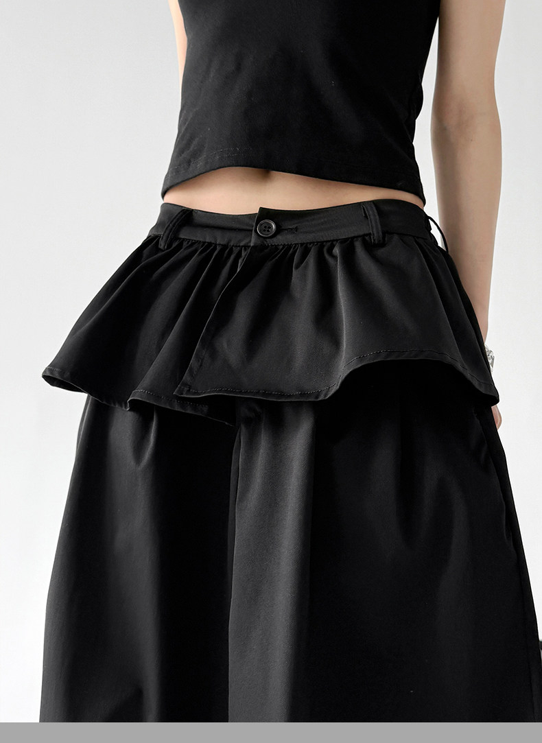 Black Ruffle Fake Two-Piece Loose Wide Leg Skirt Pants
