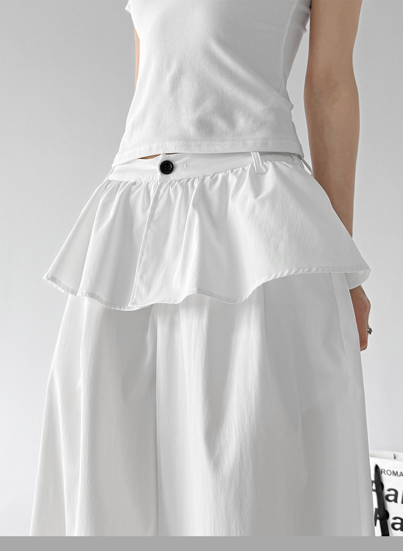 White Ruffle Fake Two-Piece Loose Wide Leg Skirt Pants