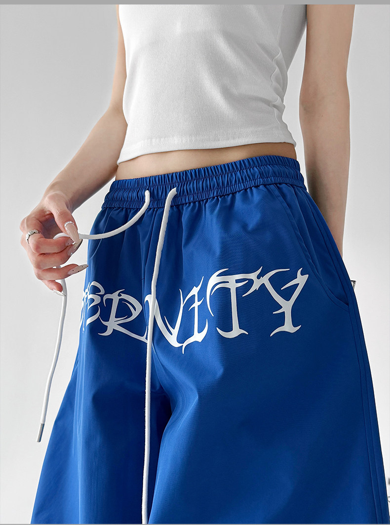Blue Drawstring Street Dance Loose Wide Leg Pants