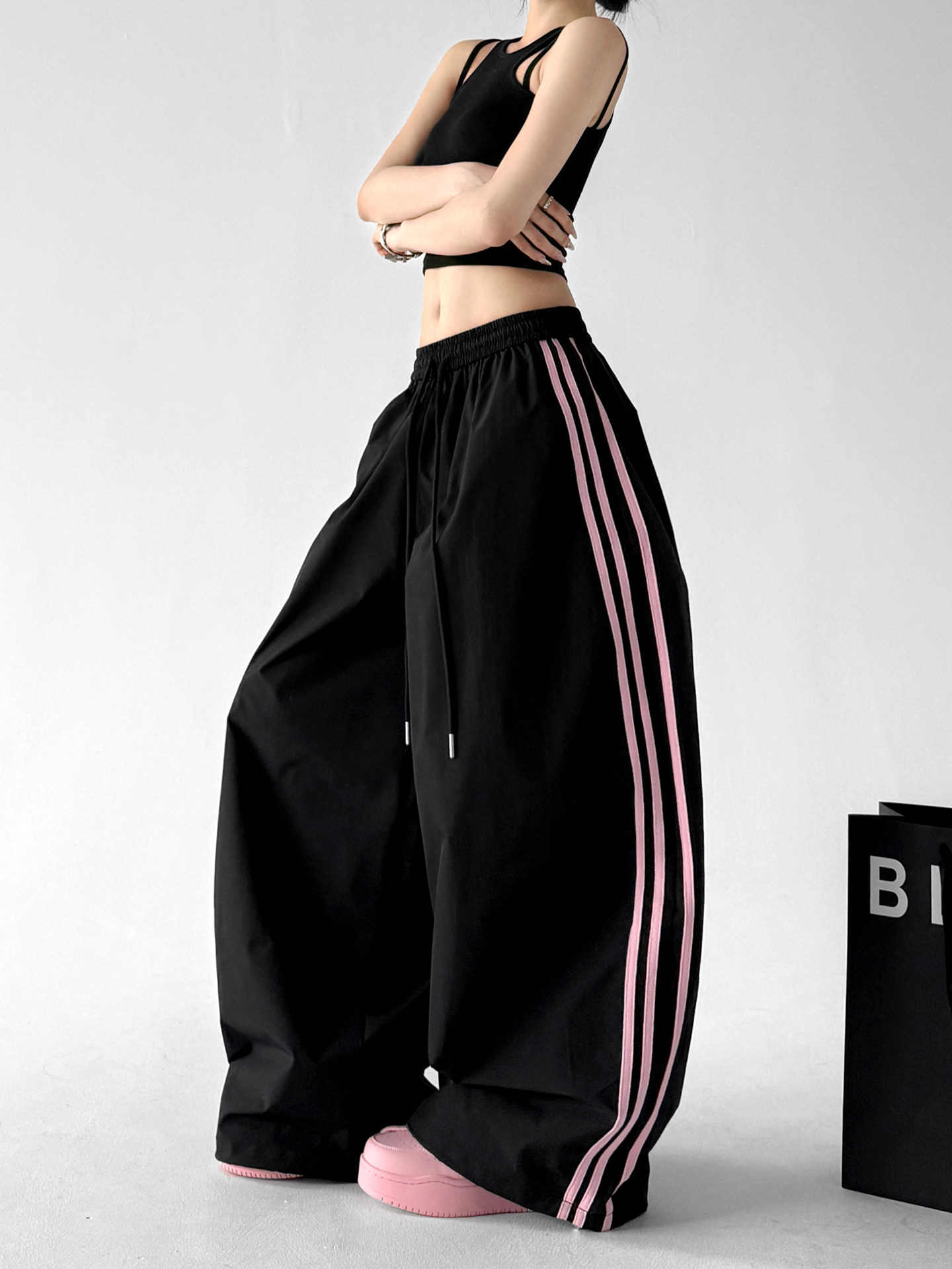 Black Color Block Stripe Elastic Waist Wide Leg Pants