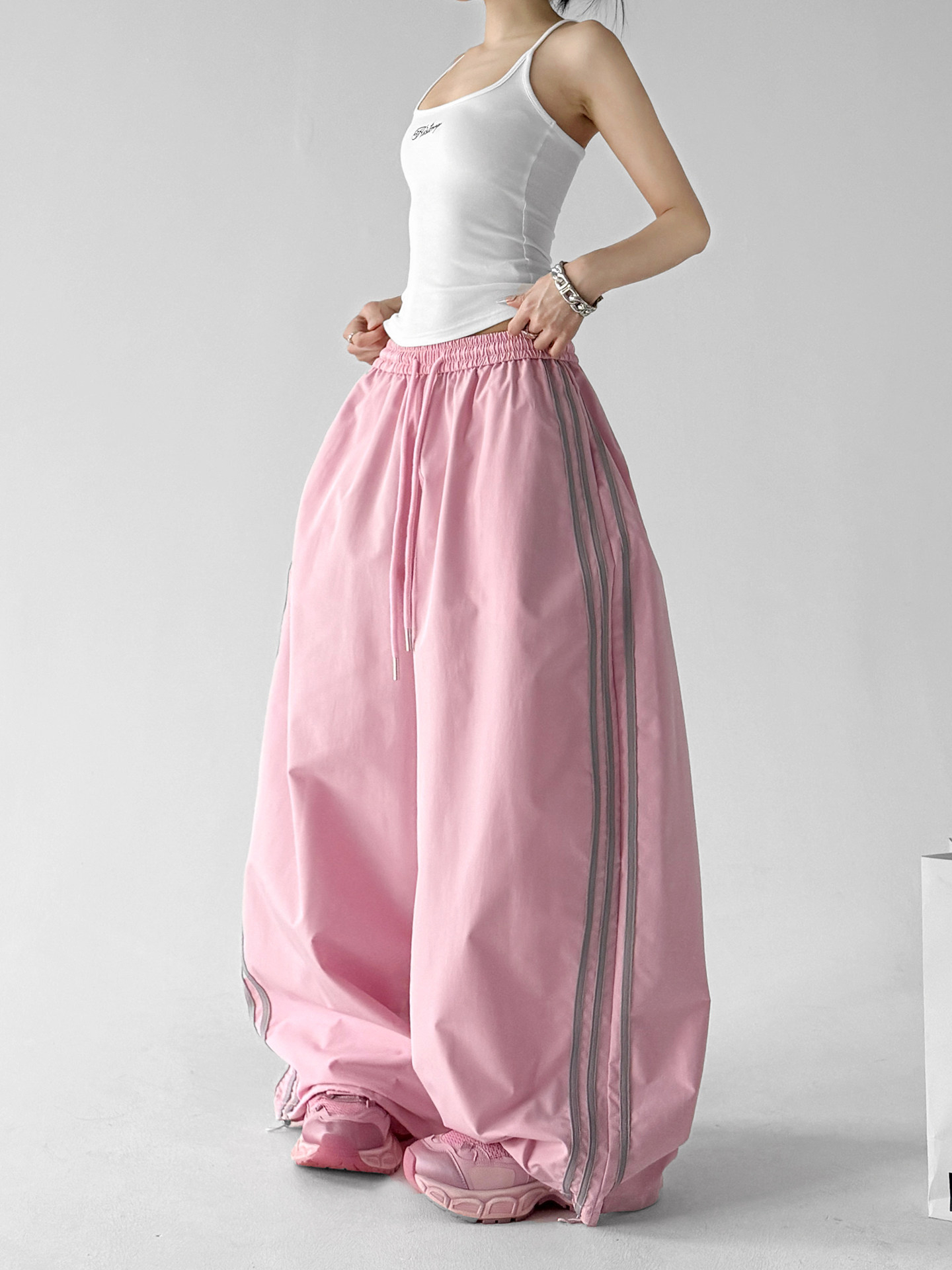 Pink Color Block Stripe Elastic Waist Wide Leg Pants