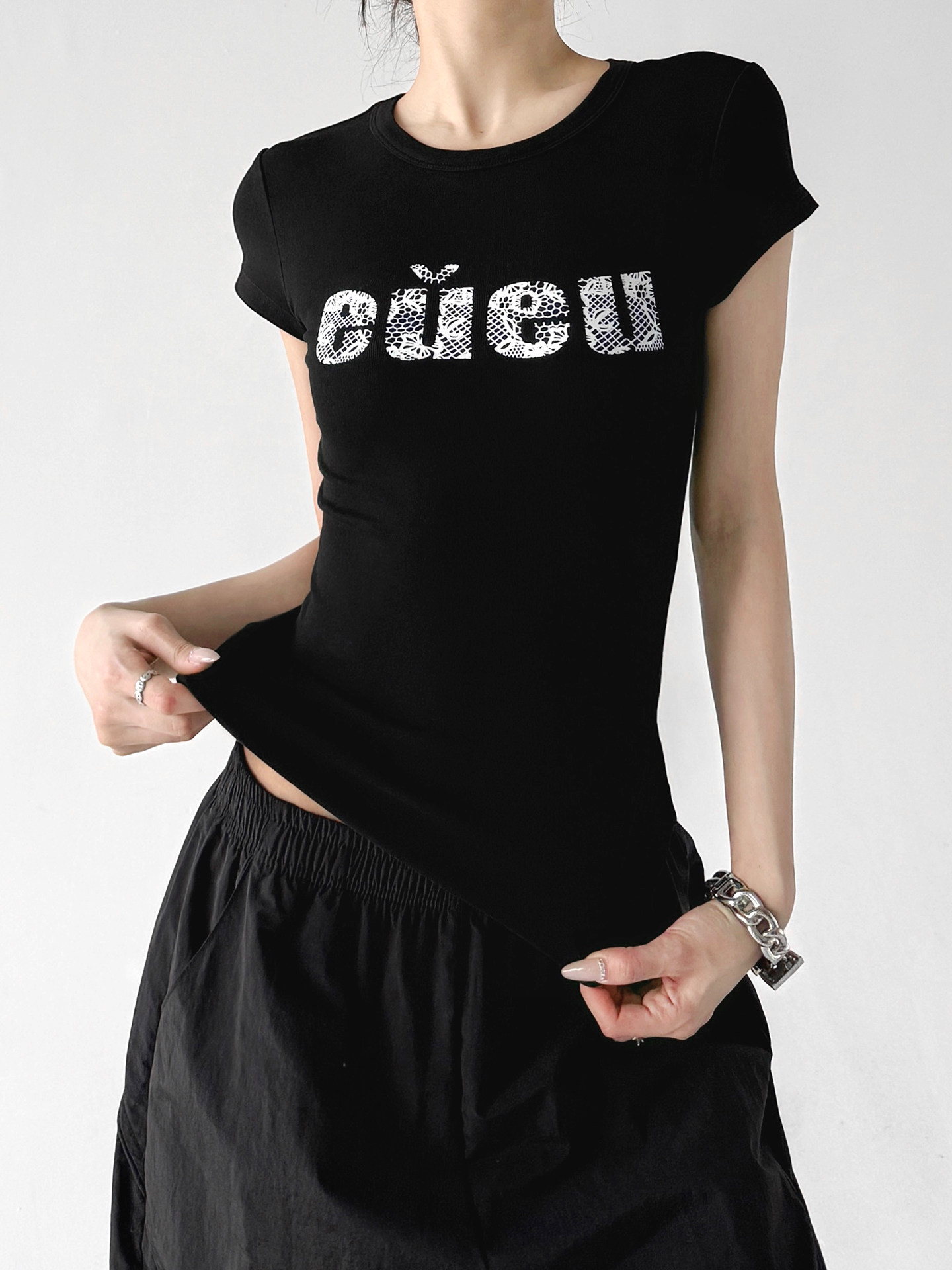 Black Letter Print Slim Fit Crew Neck Short Sleeve Tee