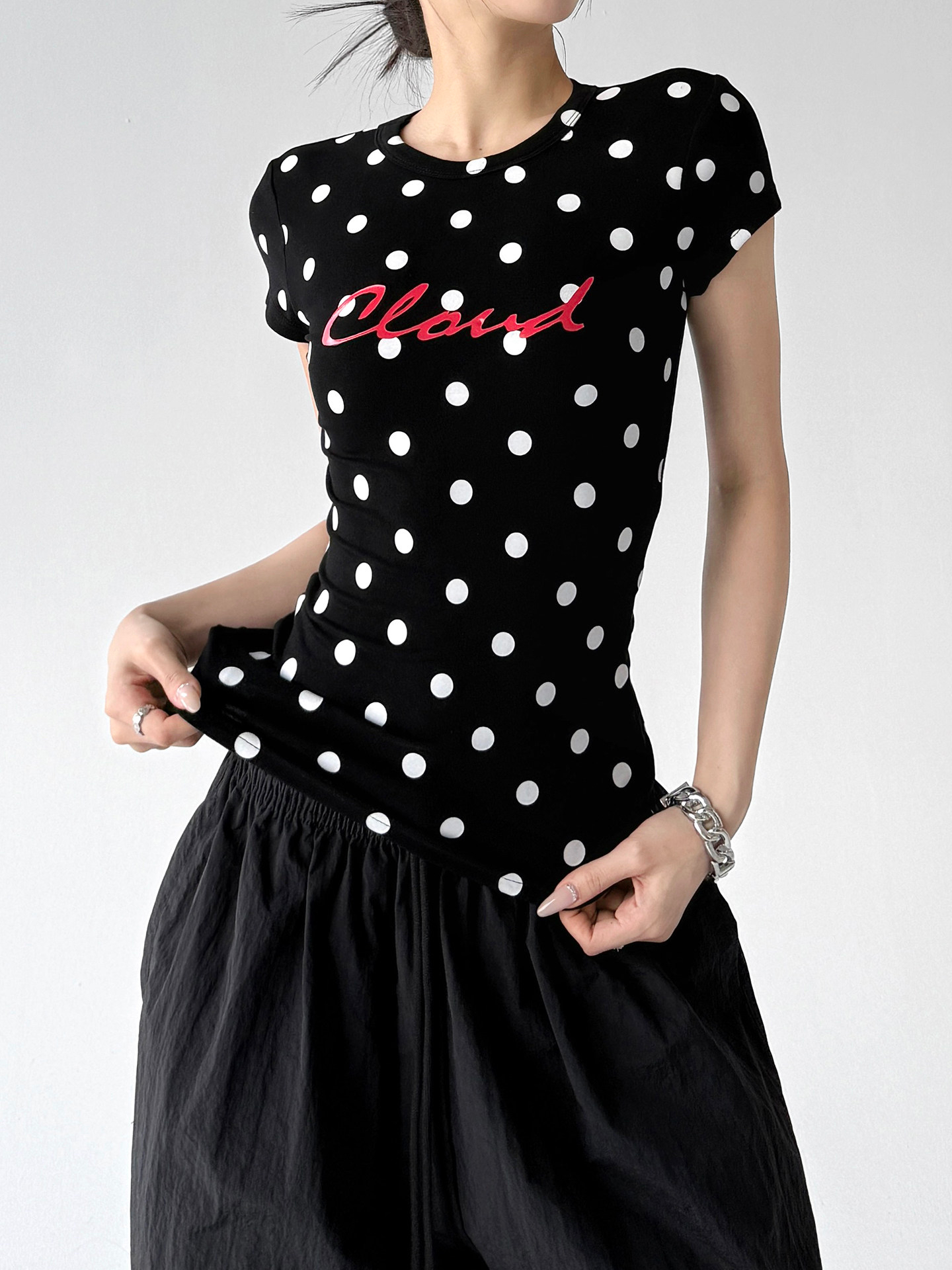 Black Polka Dot Slim Fit Casual Short Sleeve Top