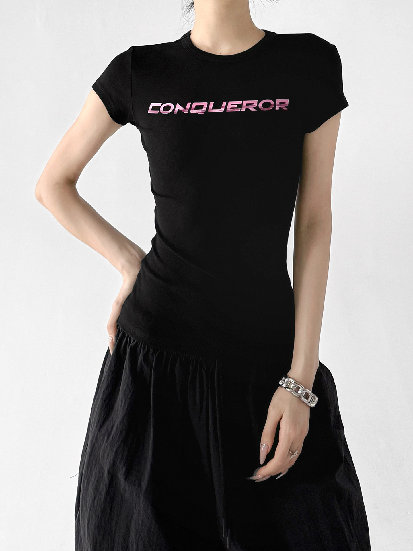 Black Letter Print Slim Casual Short Sleeve Top