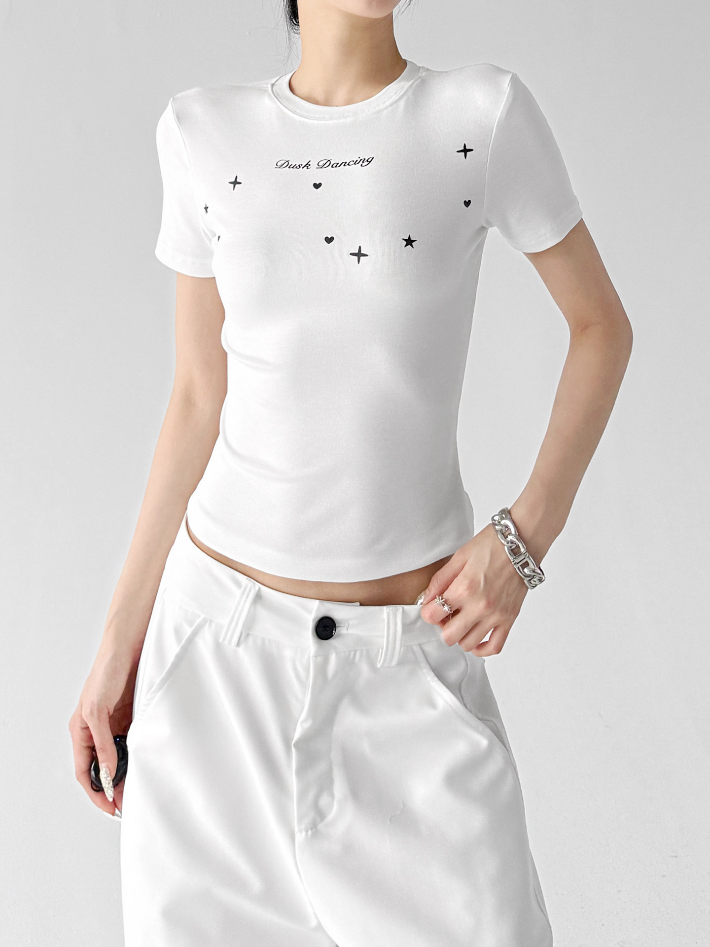 White Star Print Slim Casual Short Sleeve Tee