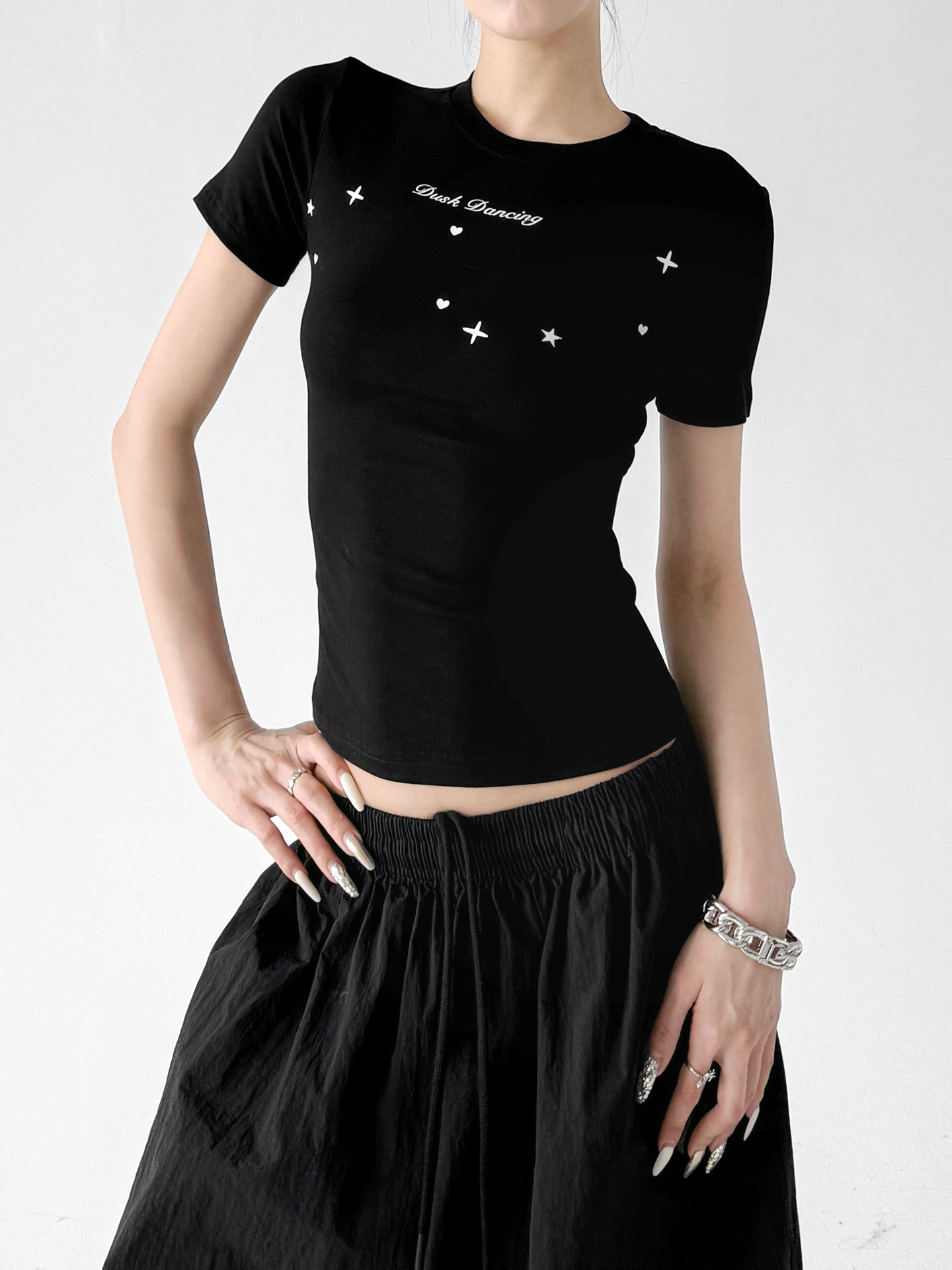 Black Star Print Slim Casual Short Sleeve Tee