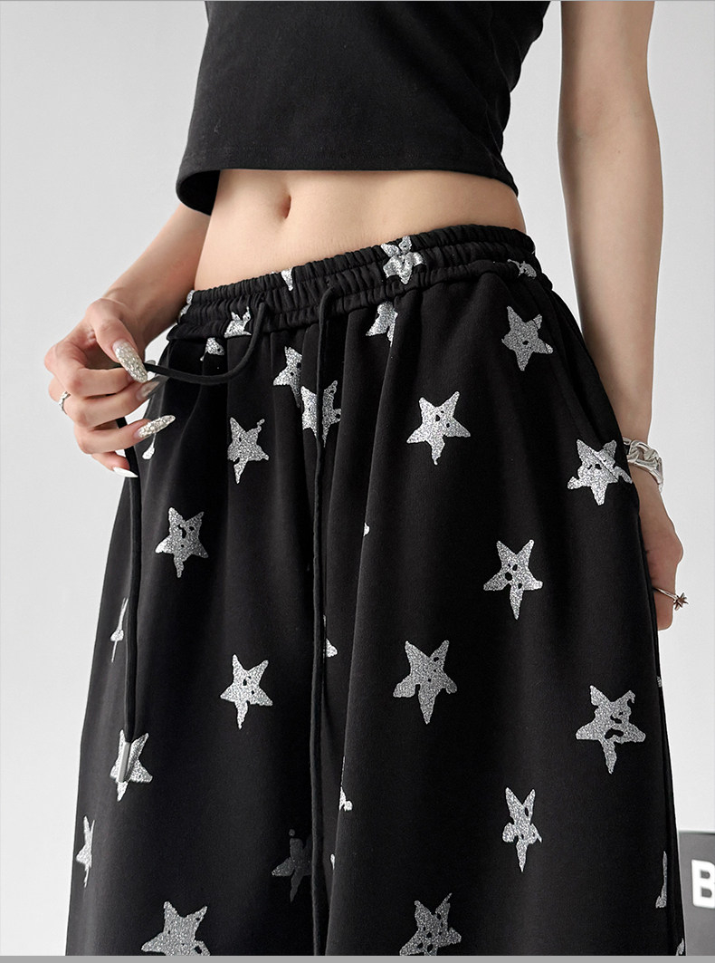 Black Star Print Loose High Waist Wide Leg Sports Pants