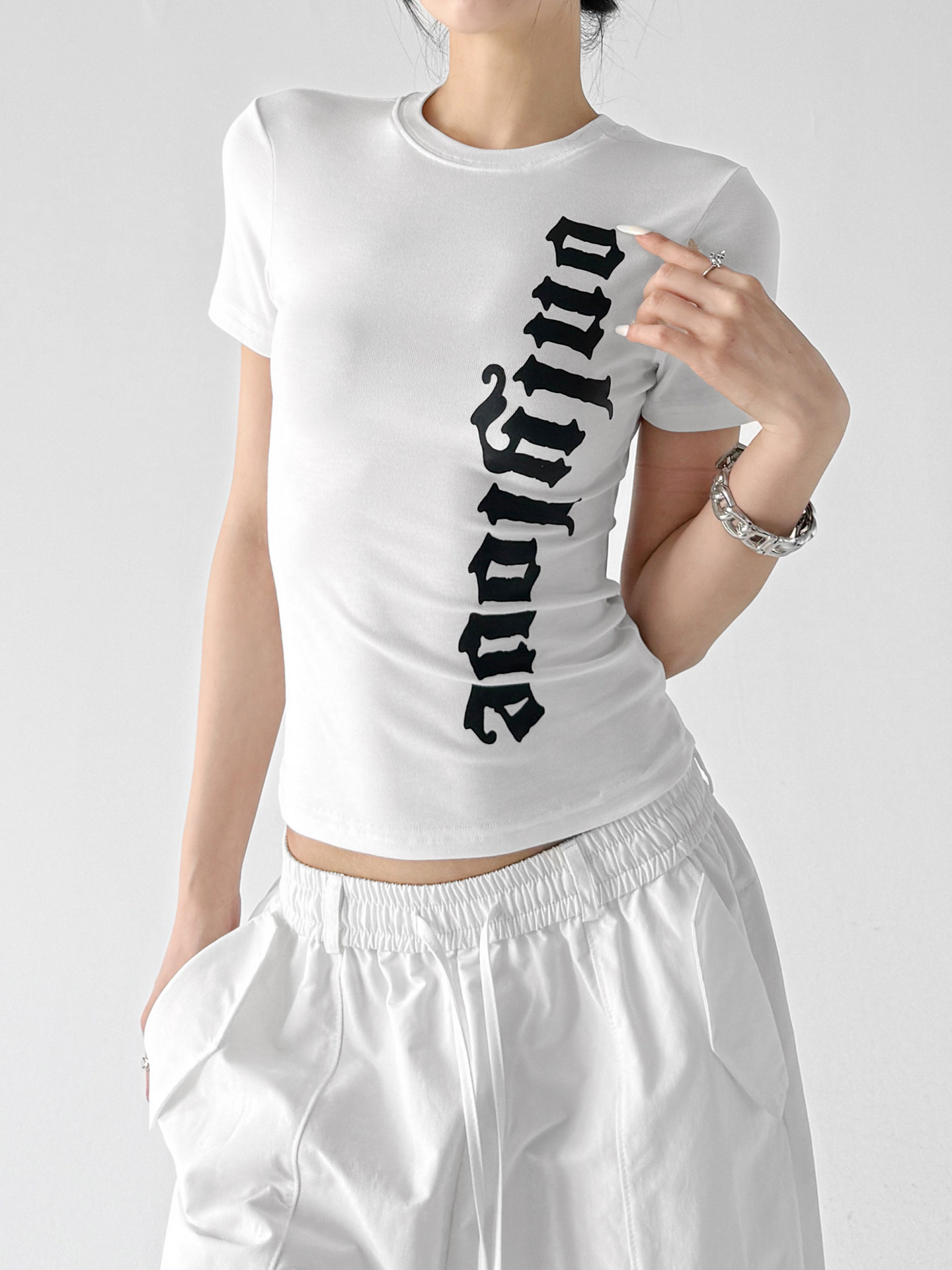 White Elegant Letter Print Slim Fit Short Sleeve Top