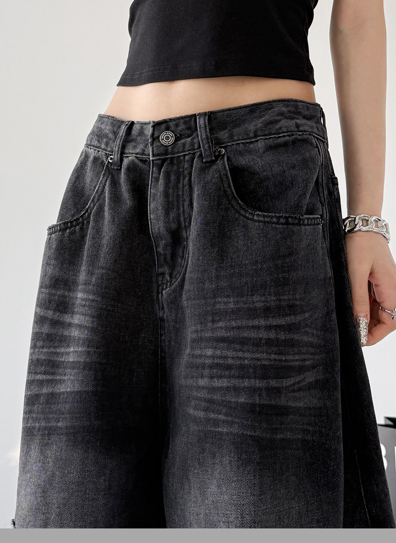 American Style Black Distressed Loose Floor-Length Wide Leg Jeans