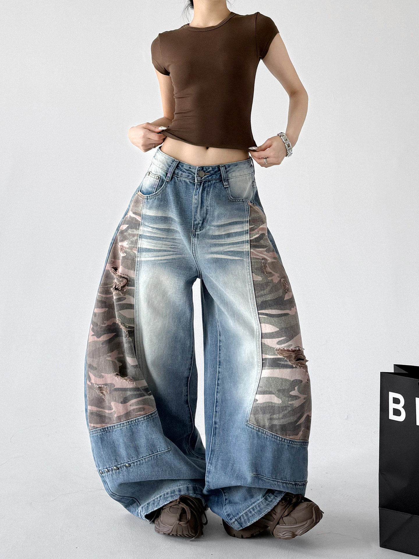 Camouflage Patchwork Hip Hop Curved Wide Leg Jeans