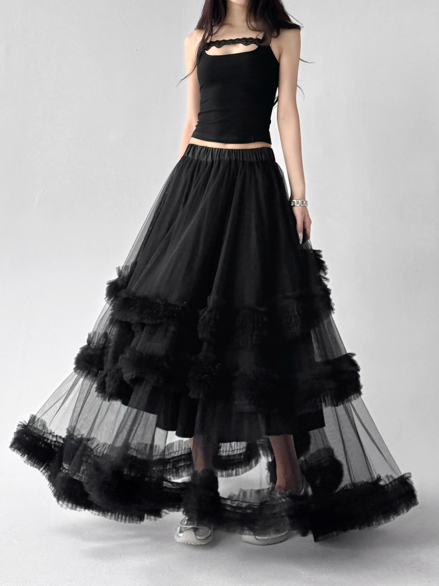 Dark Cool Mesh Tiered Puffy Midi Skirt