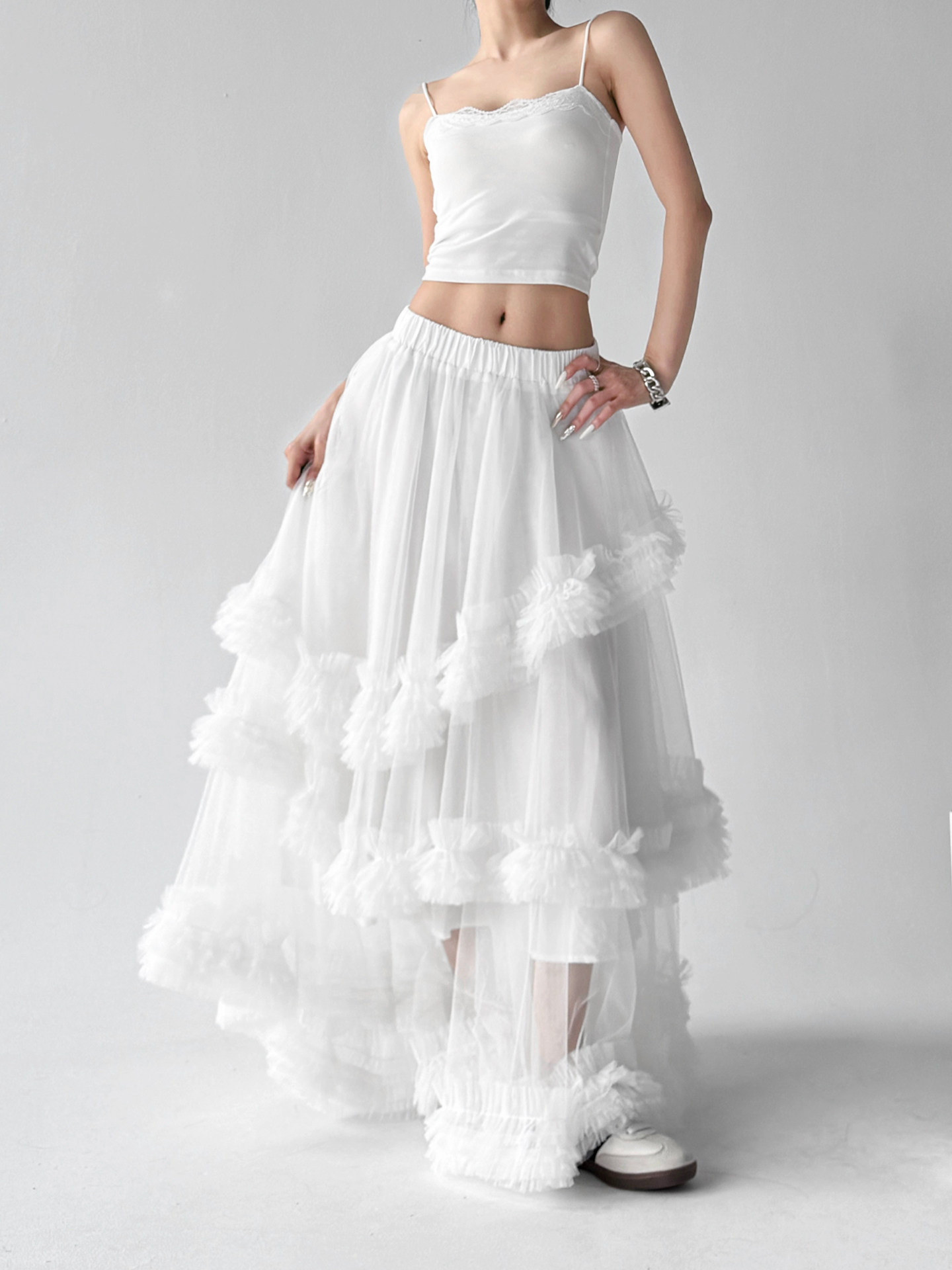 High Waist Ruffle Irregular Flowy Mesh Long Skirt