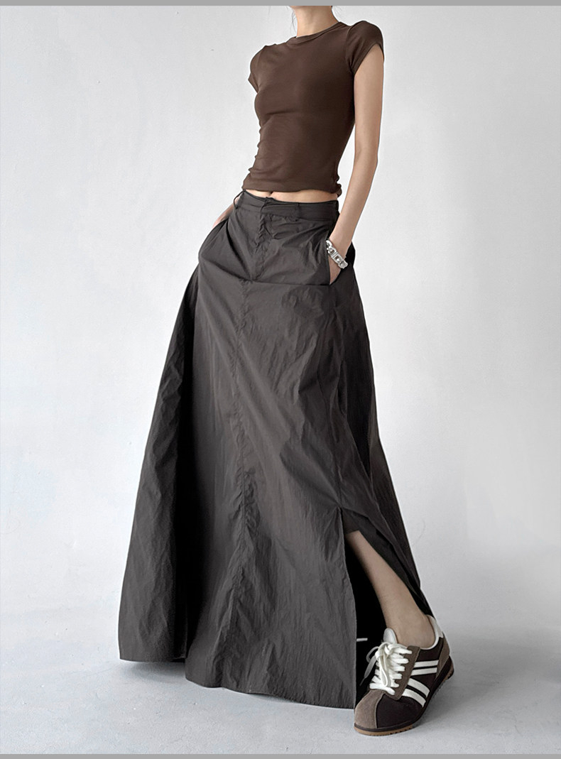 Khaki High Waist Slit Pleated Slim Long A-Line Skirt