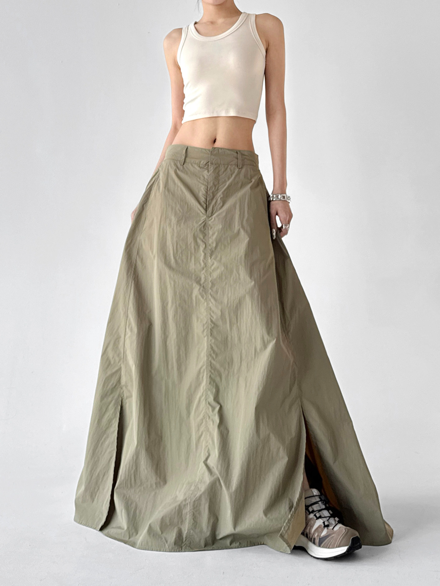 High Waist Slit Flowy Loose A-Line Long Skirt