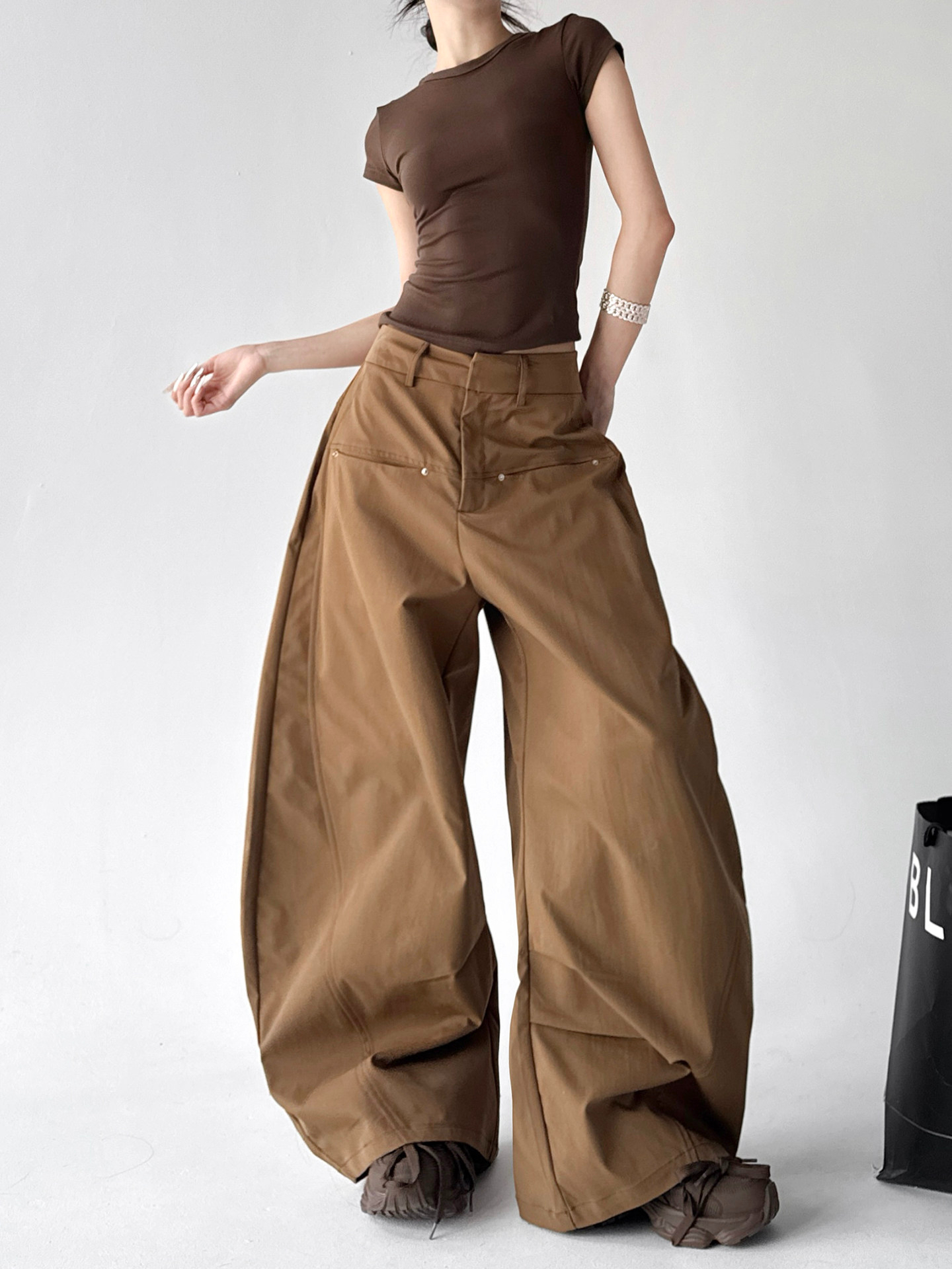 Caramel High Waist Loose Floor-Length Curved Cargo Wide Leg Pants