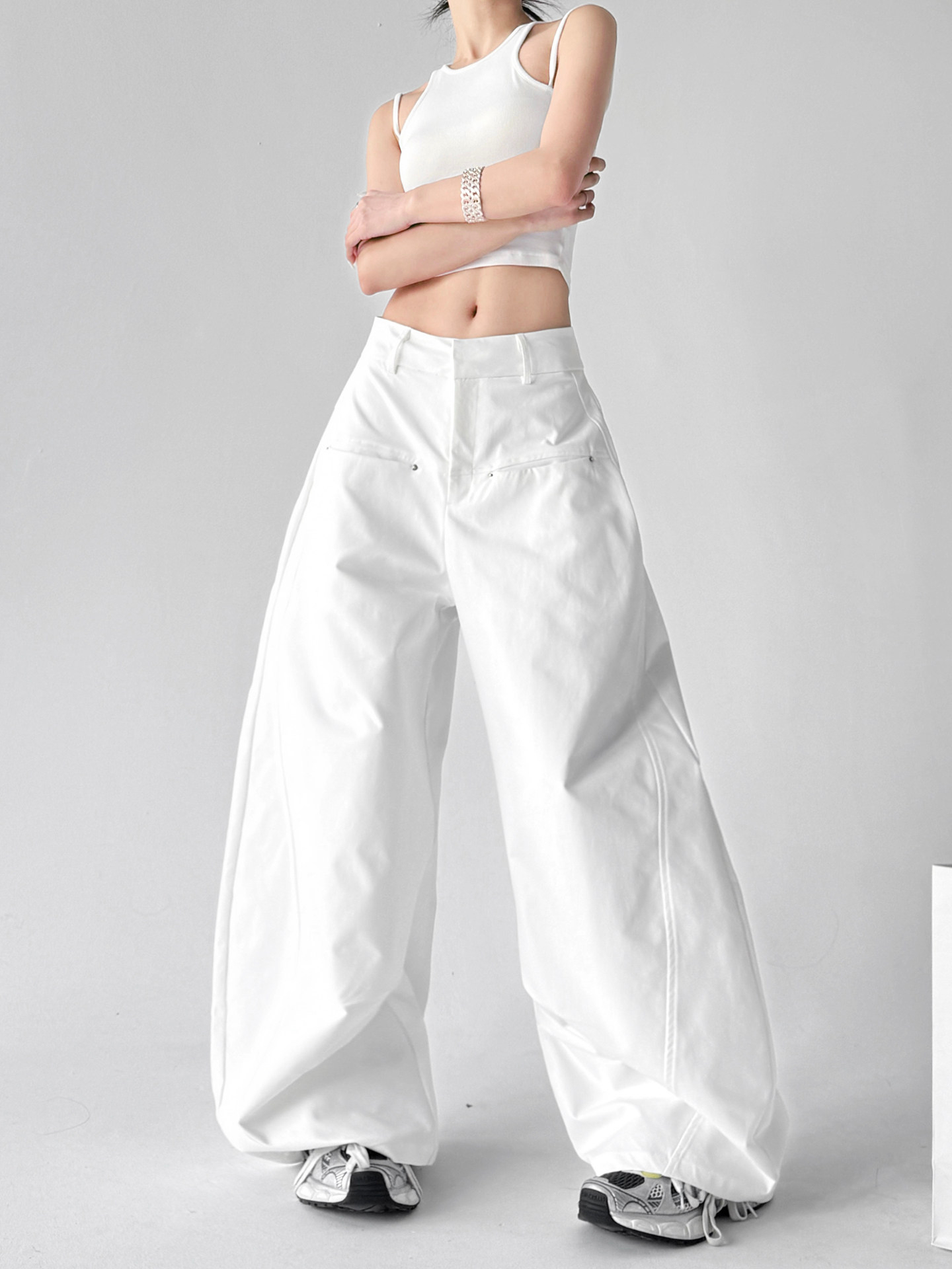 White High Waist Casual Loose Straight Curved Wide Leg Long Pants