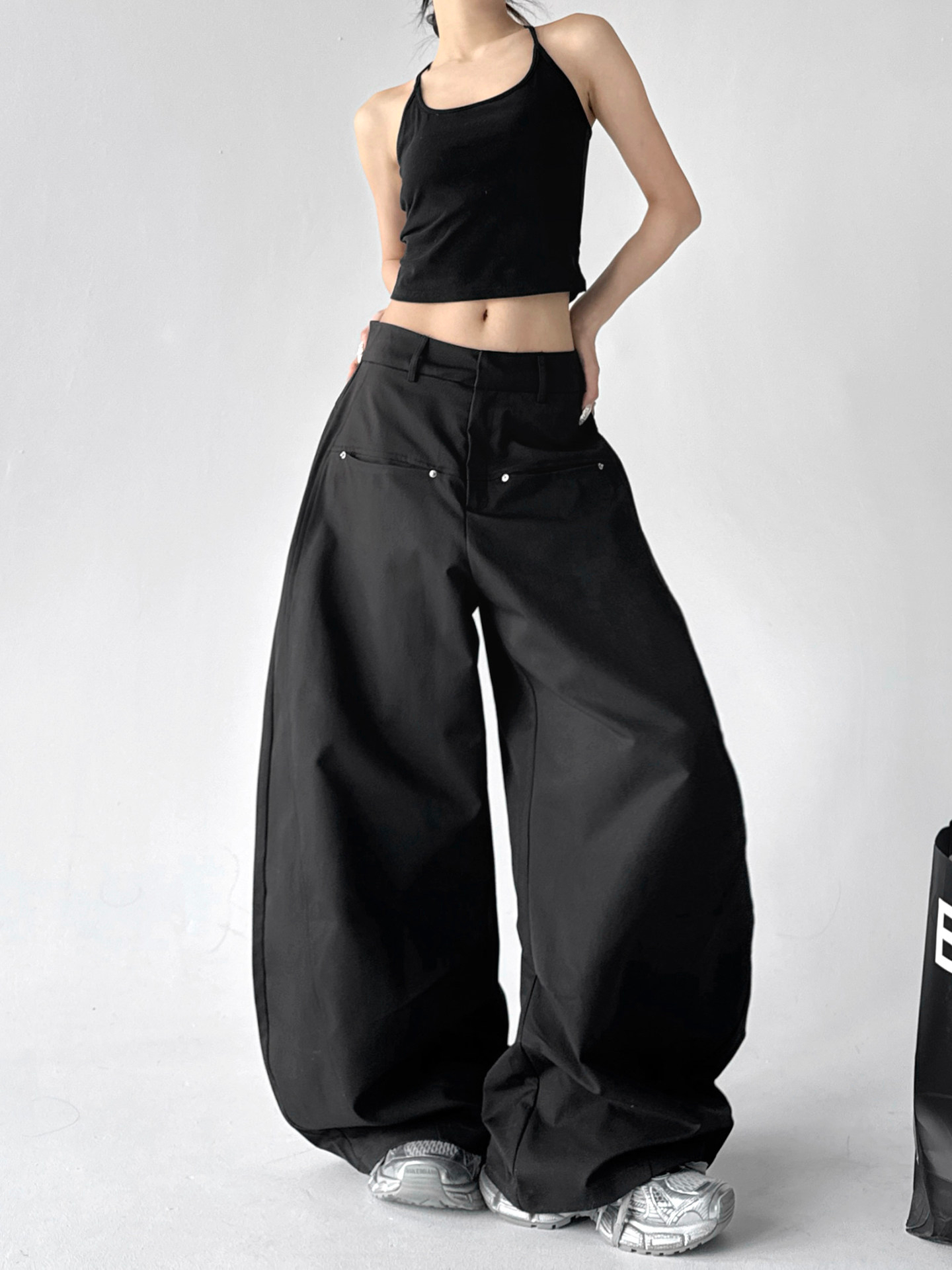 Black High Waist Casual Loose Straight Curved Wide Leg Long Pants