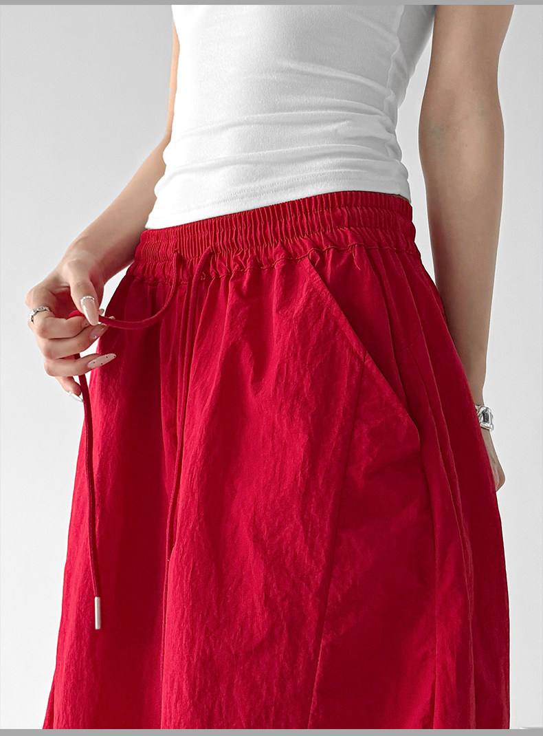 American Street Print Wide Leg Pants, Red Curved Trousers