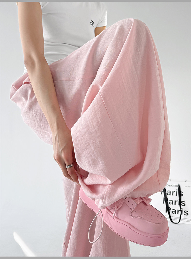 Lazy High Waist Linen Wide Leg Pants, Pink&White Drape Trousers