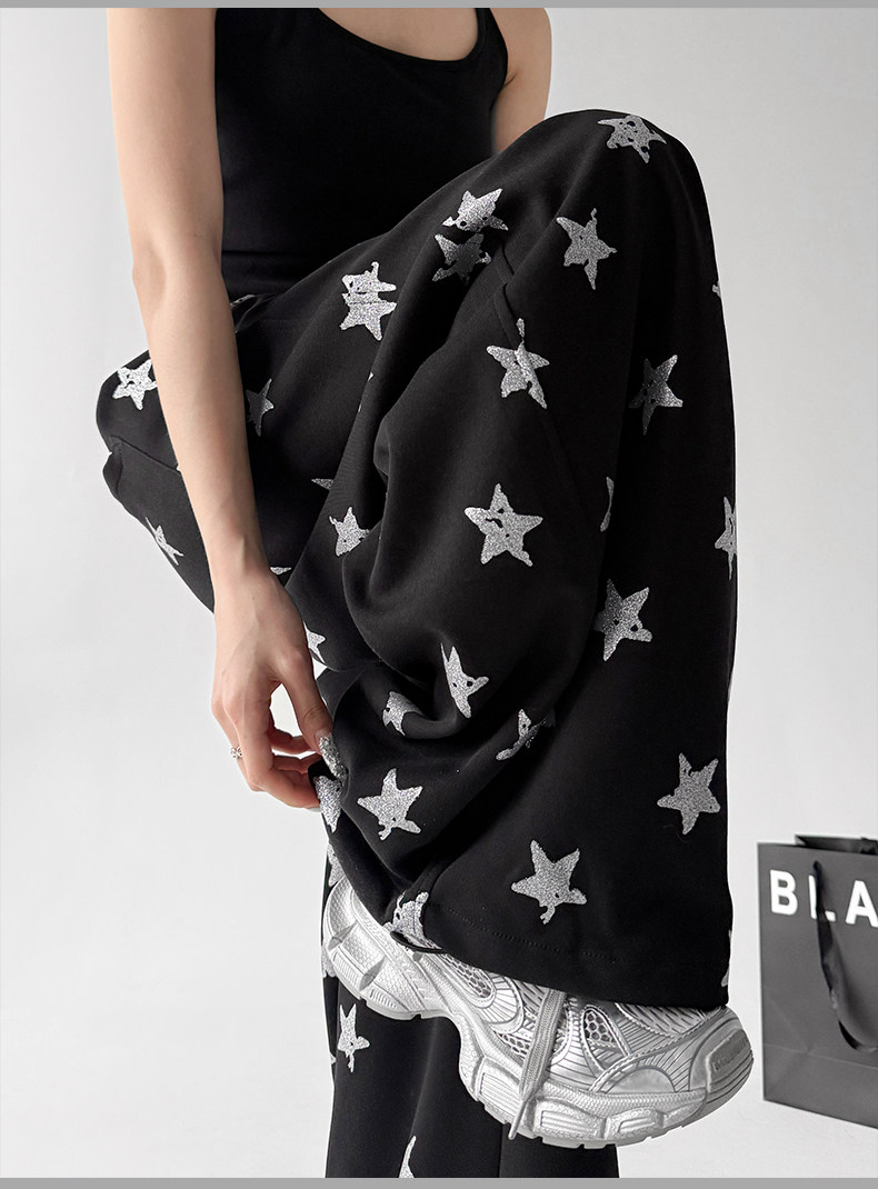 Black Star Print Loose High Waist Wide Leg Sports Pants