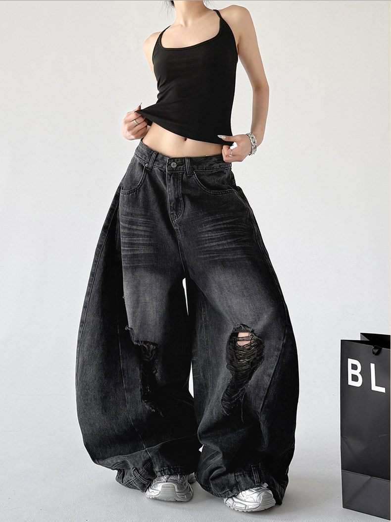 American Style Black Distressed Loose Floor-Length Wide Leg Jeans