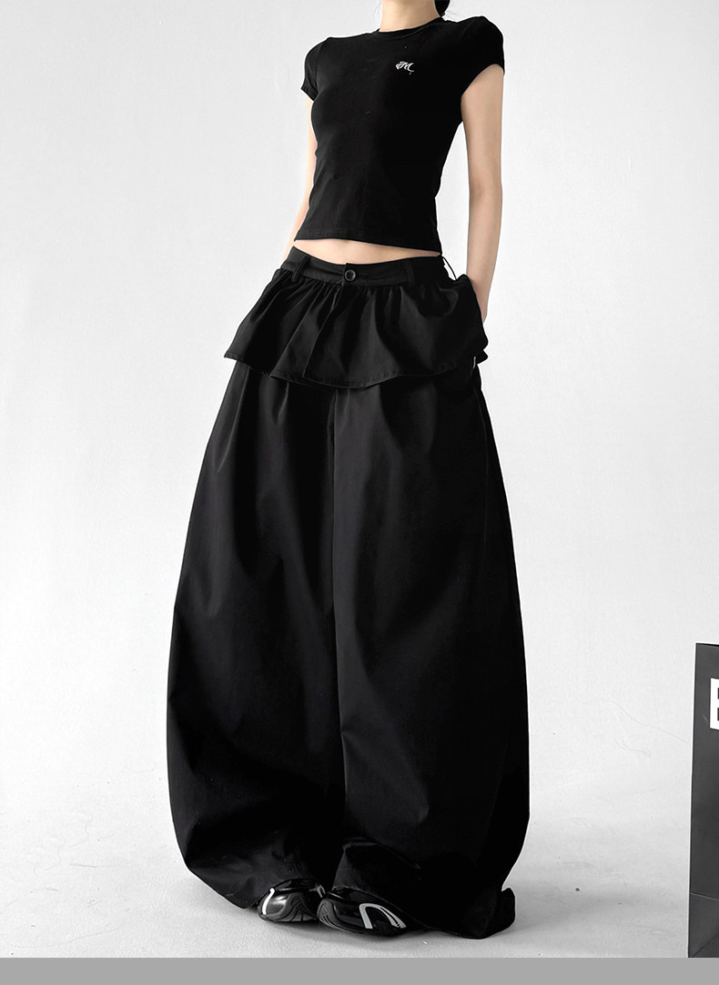 Black Ruffle Fake Two-Piece Loose Wide Leg Skirt Pants