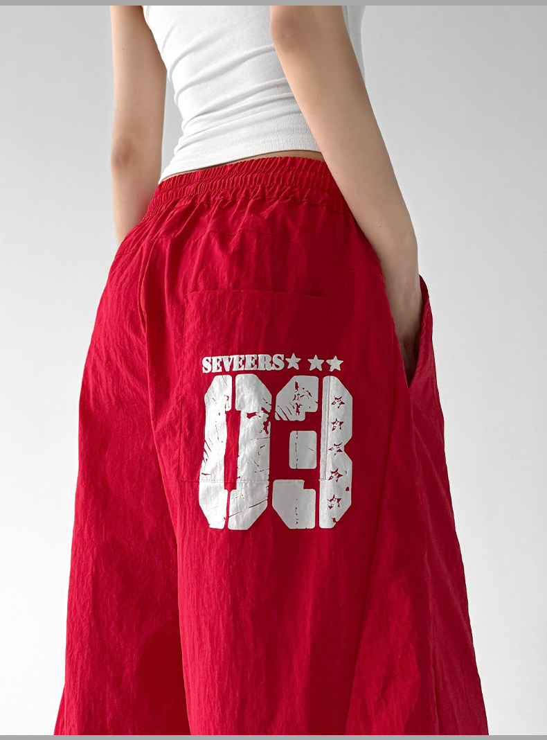 American Street Print Wide Leg Pants, Red Curved Trousers