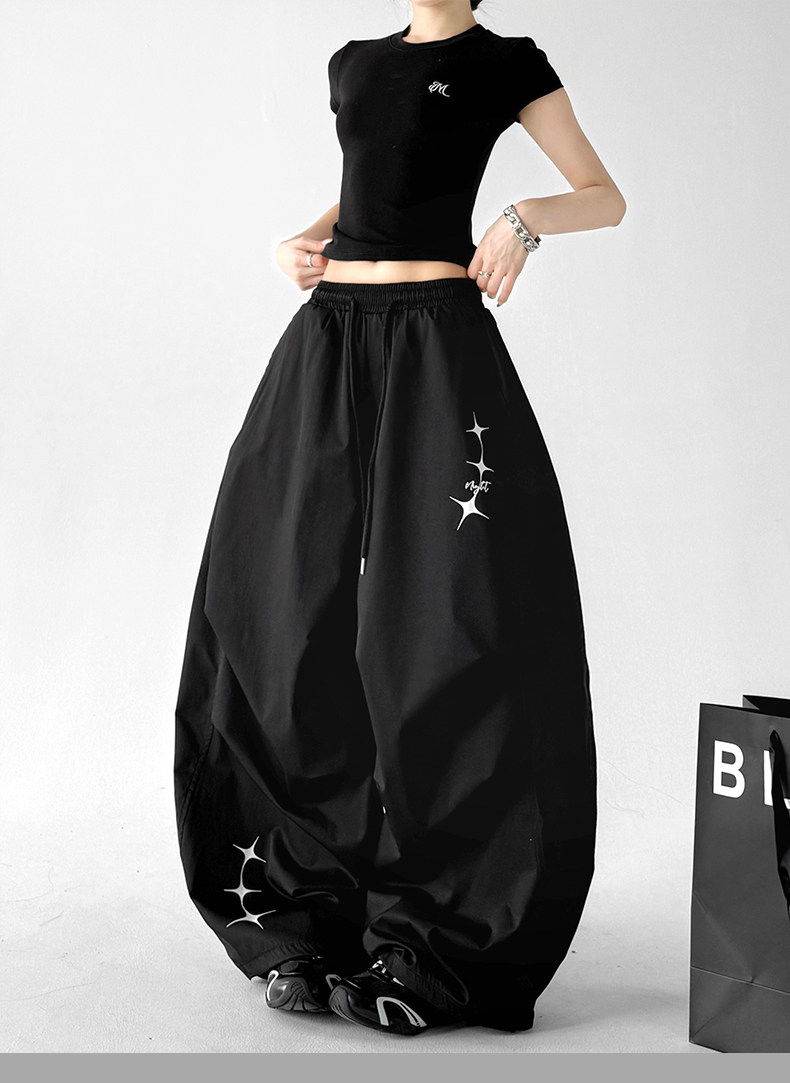 Black Loose Parachute Cargo Outdoor Wide Leg Pants