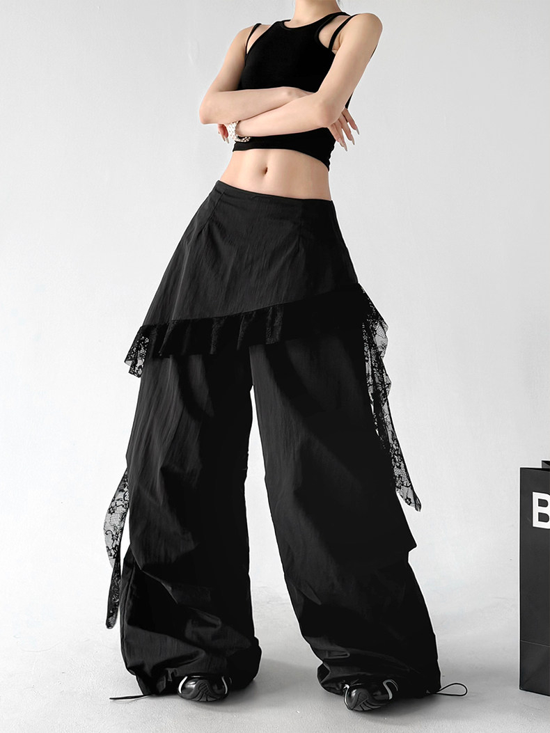 Black Lace Splicing Loose Casual Wide Leg Pants