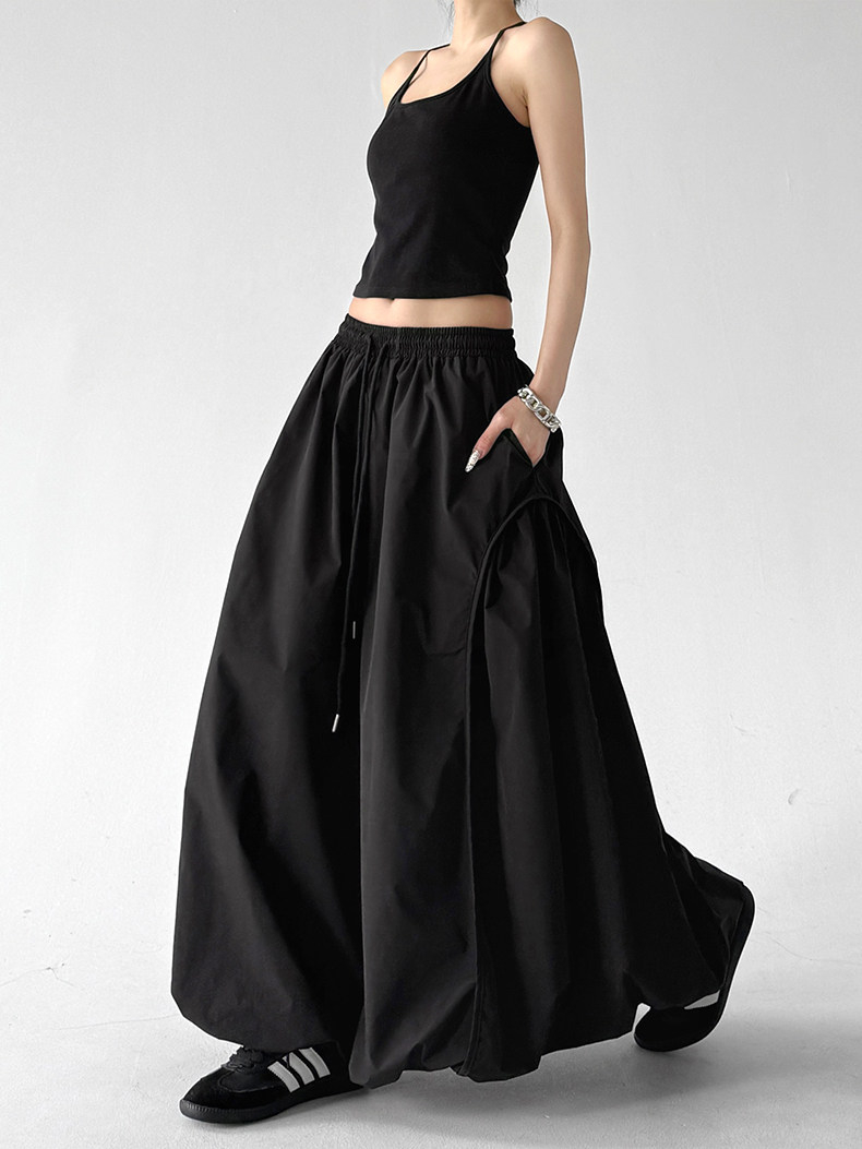 Black Bud High Waist Flared A-Line Maxi Skirt