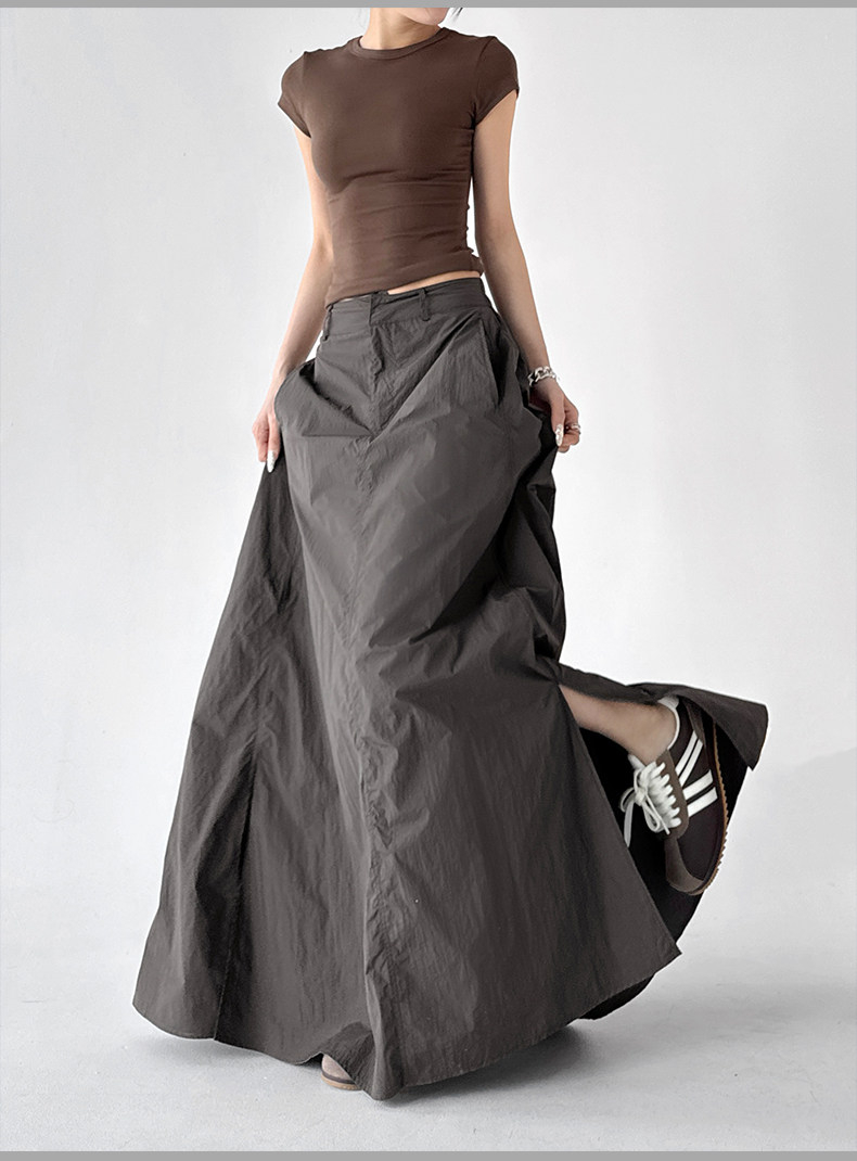 Khaki High Waist Slit Pleated Slim Long A-Line Skirt