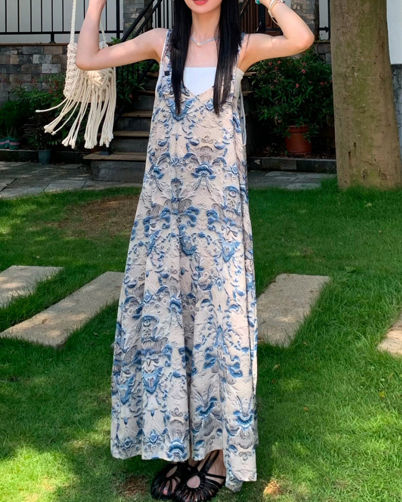 Lazy Style Blue and White Porcelain Cami Wide Leg Jumpsuit