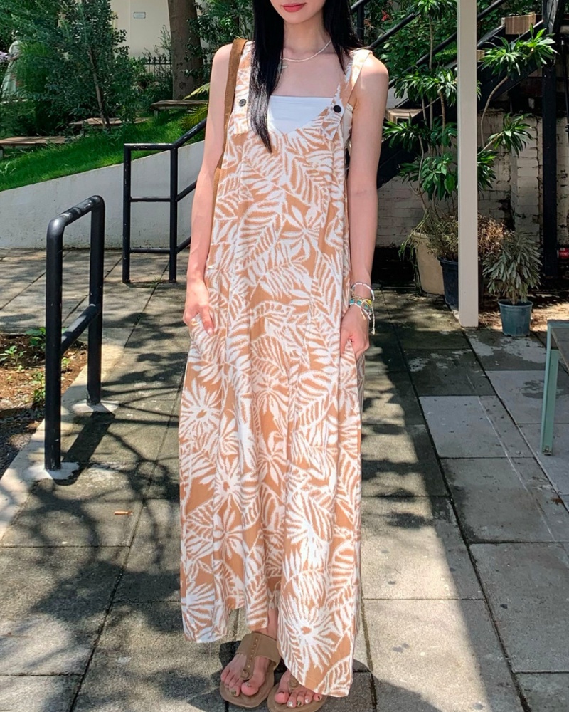 Vacation Style Off-white Leaf Printed Cami Wide Leg Jumpsuit