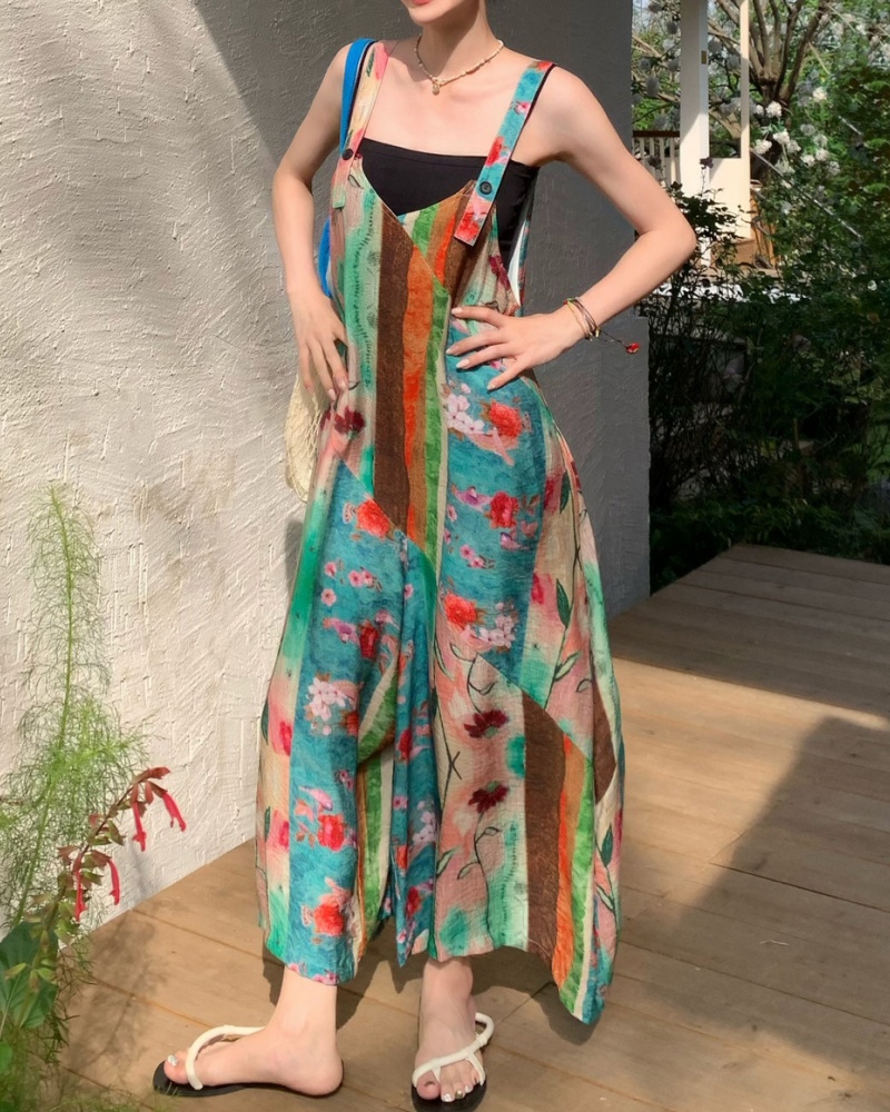 Lotus Moon Retro Color-striped Cami Wide Leg Jumpsuit