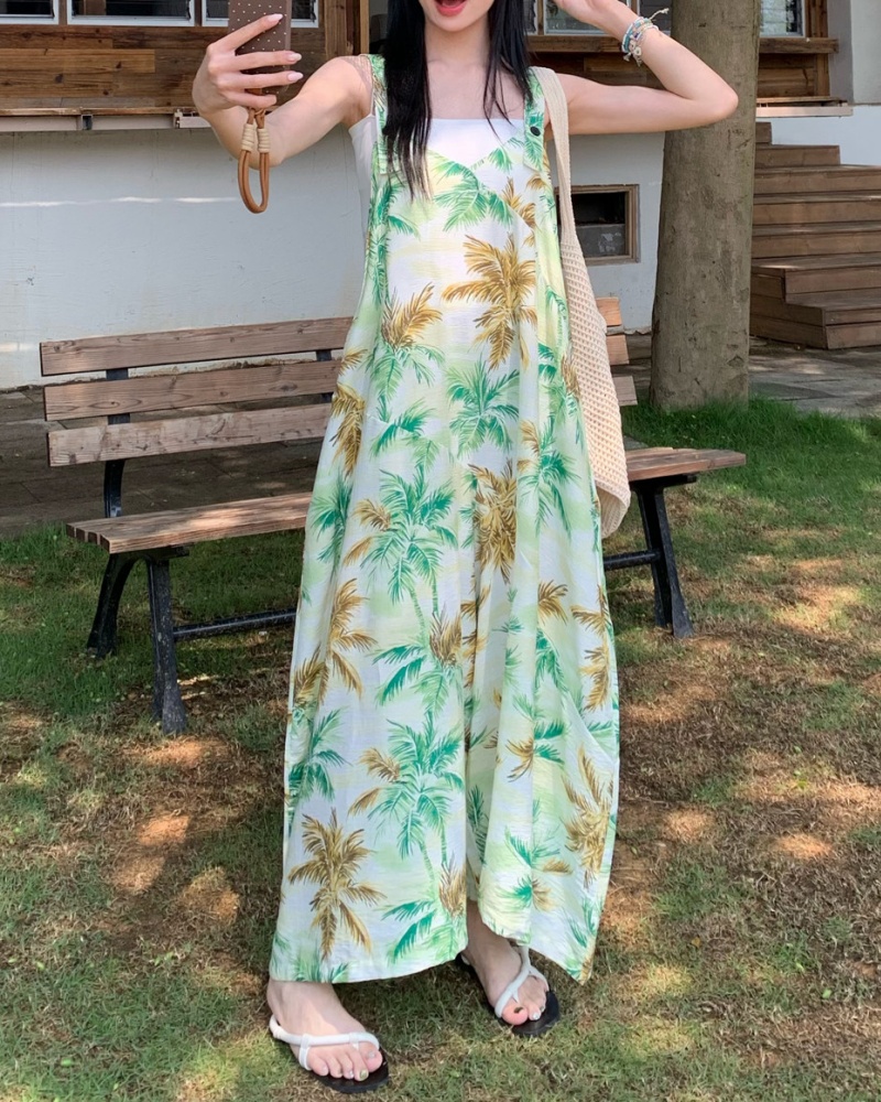 Island Vacation Style Coconut Grove Printed V-neck Cami Wide Leg Jumpsuit