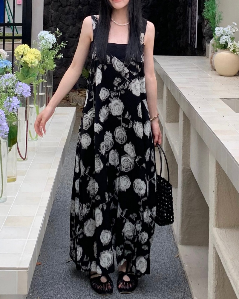 Artistic Lazy Style White Rose Printed Cami Wide Leg Jumpsuit