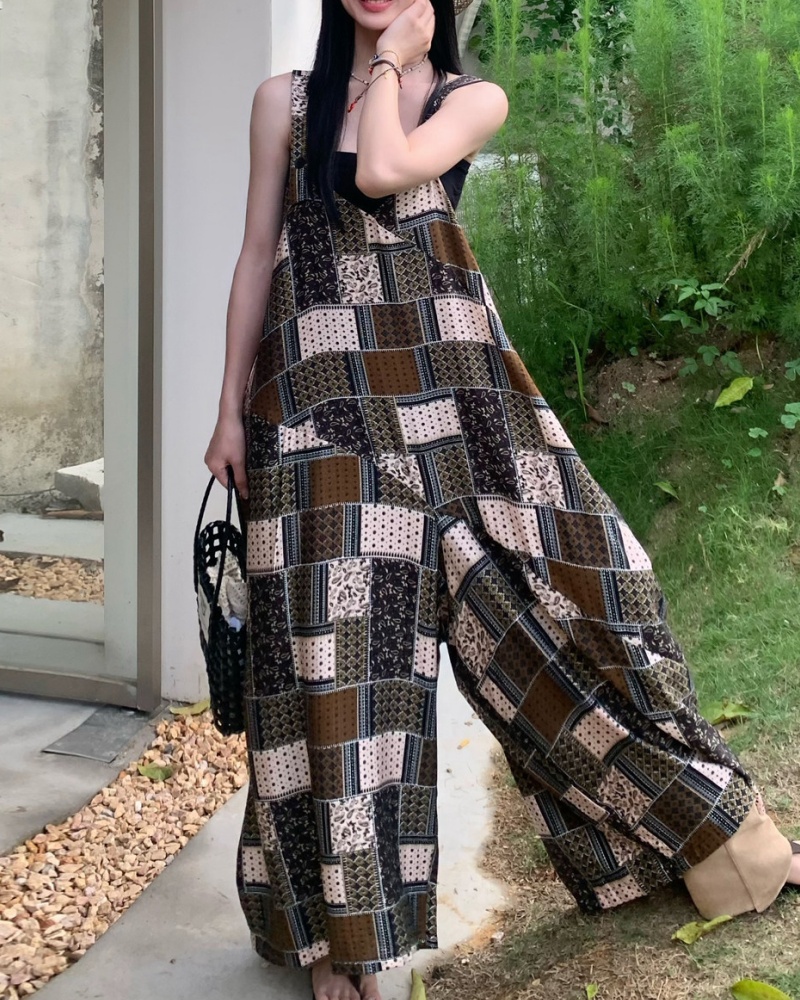 Retro Color-blocked Plaid Cami Wide Leg Jumpsuit