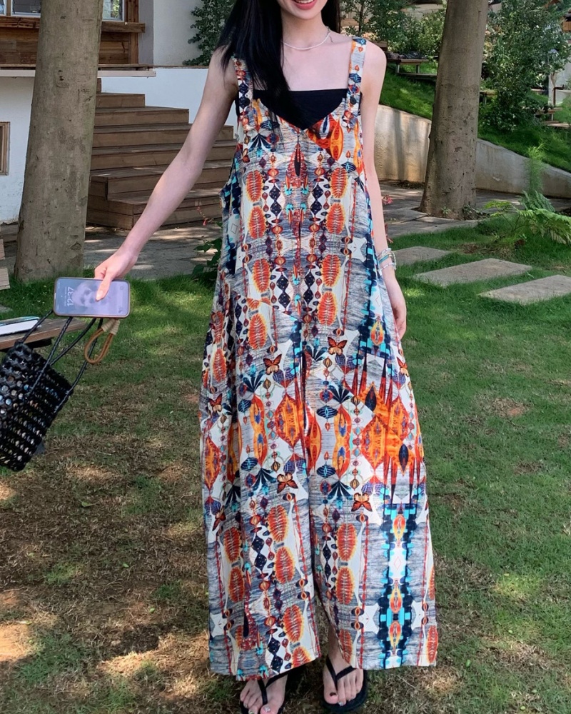 Art Retro Pattern V-neck Cami Wide Leg Jumpsuit