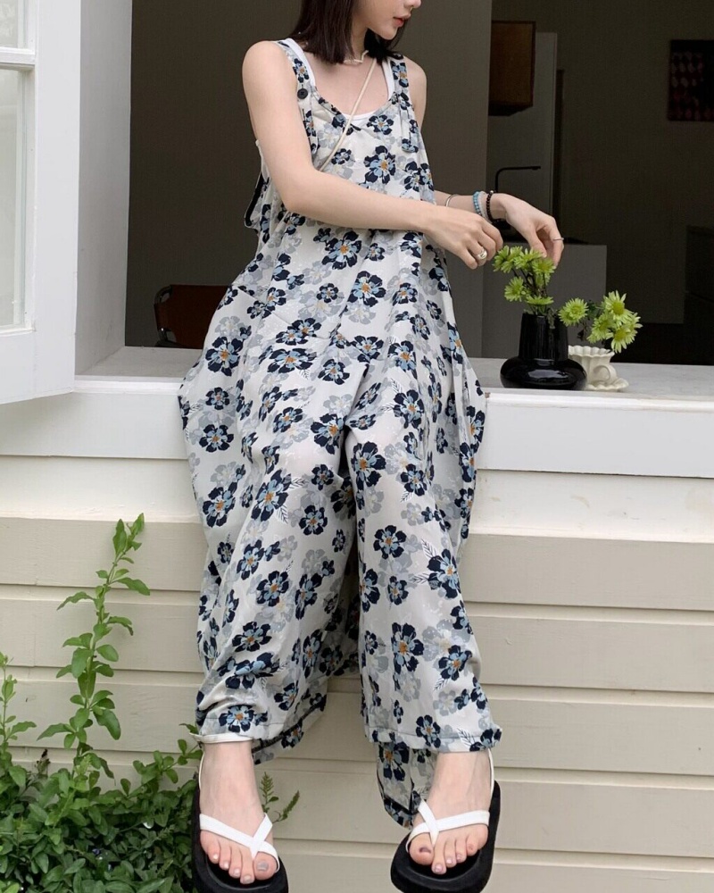Retro Small Floral Printed Cami Wide Leg Jumpsuit