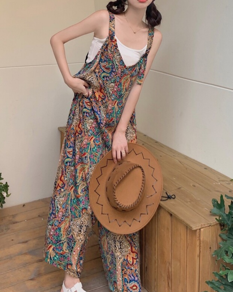 Ethnic Style Colorful Printed Seven-point Cami Wide Leg Jumpsuit