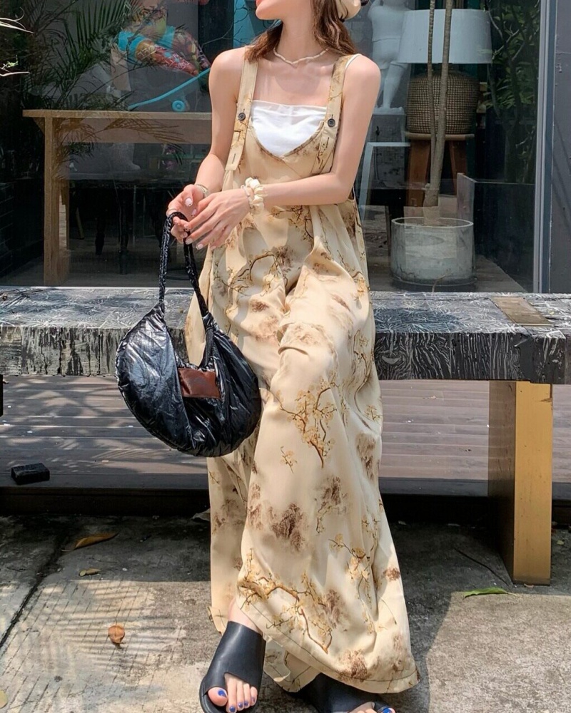 Apricot Art Landscape Painting Lazy Style Strap Wide Leg Jumpsuit
