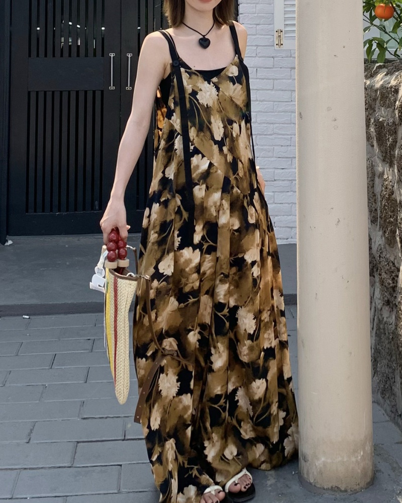 Retro Oil Painting Yellow Gradient V-neck Cami Jumpsuit Skirt Pants