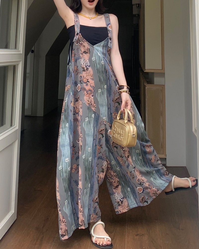 Retro Art Blue & Pink Tone V-neck Cami Wide Leg Jumpsuit