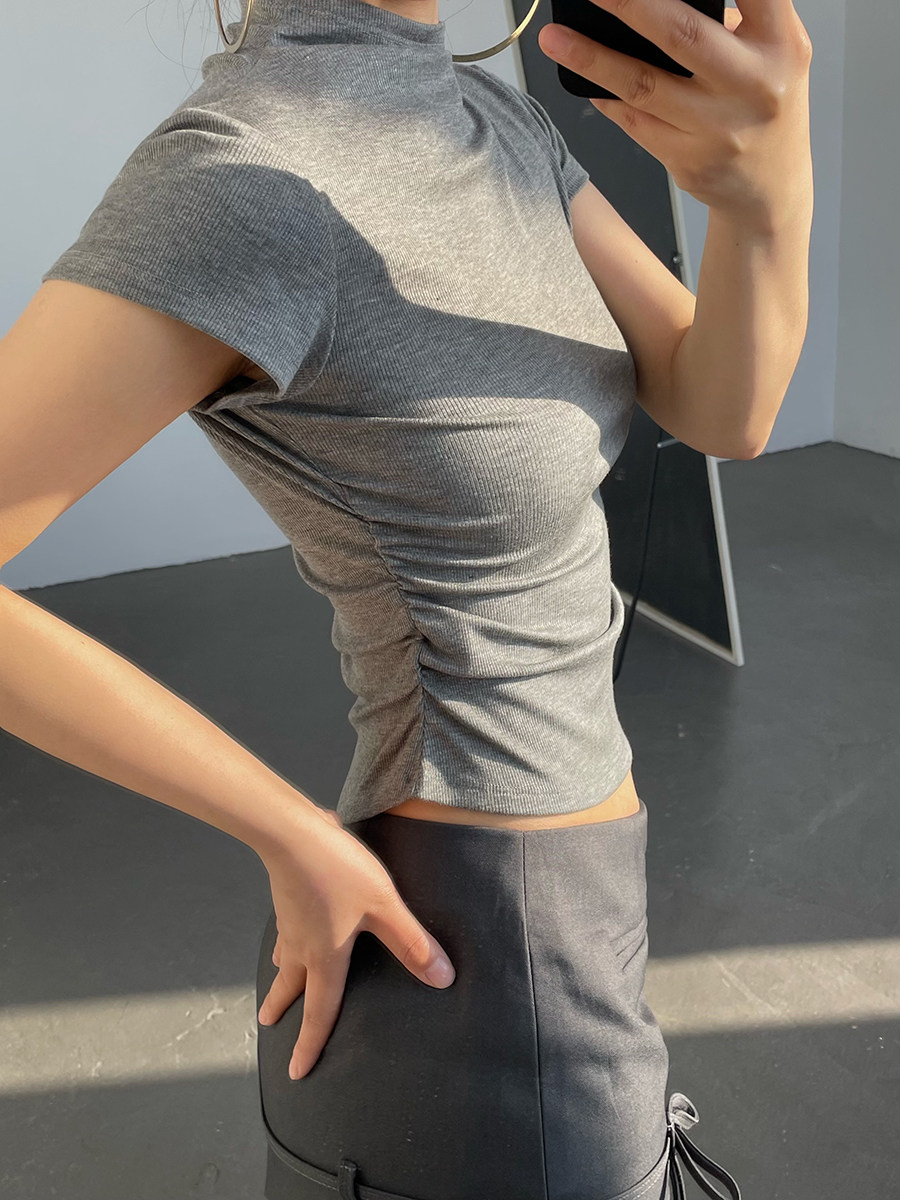 Slim Fit Mock Neck Flutter Short Sleeve Solid Basic Tee Summer Casual Women Blouse