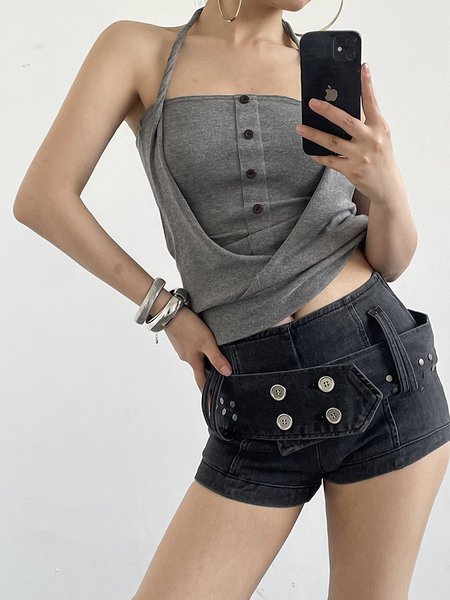 Solid Button Detail Slim Halter Crop Top
