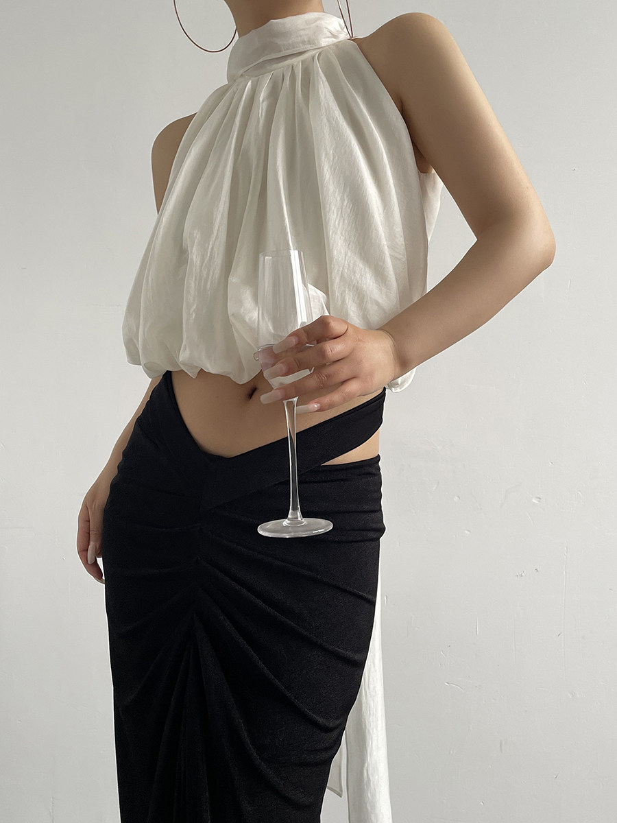 Tie Detail Mock Neck Sleeveless Lyocell Crop Top