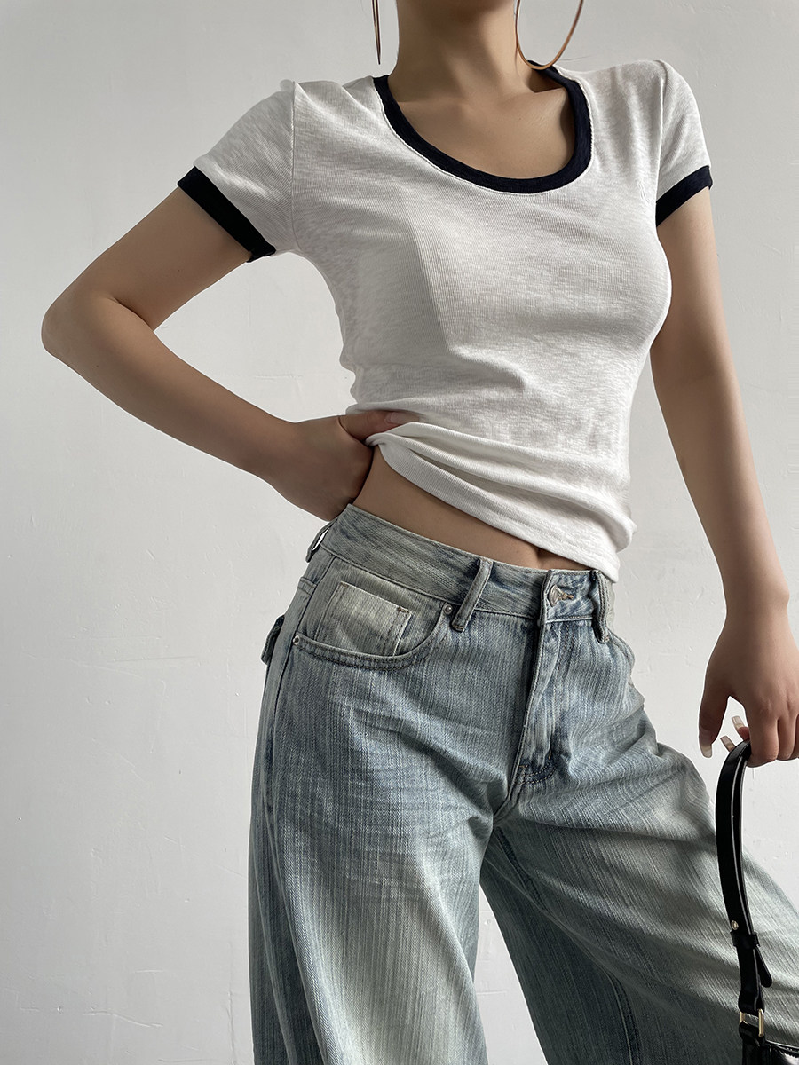 Color Block Crew Neck Knit Short Sleeve Tee For Women