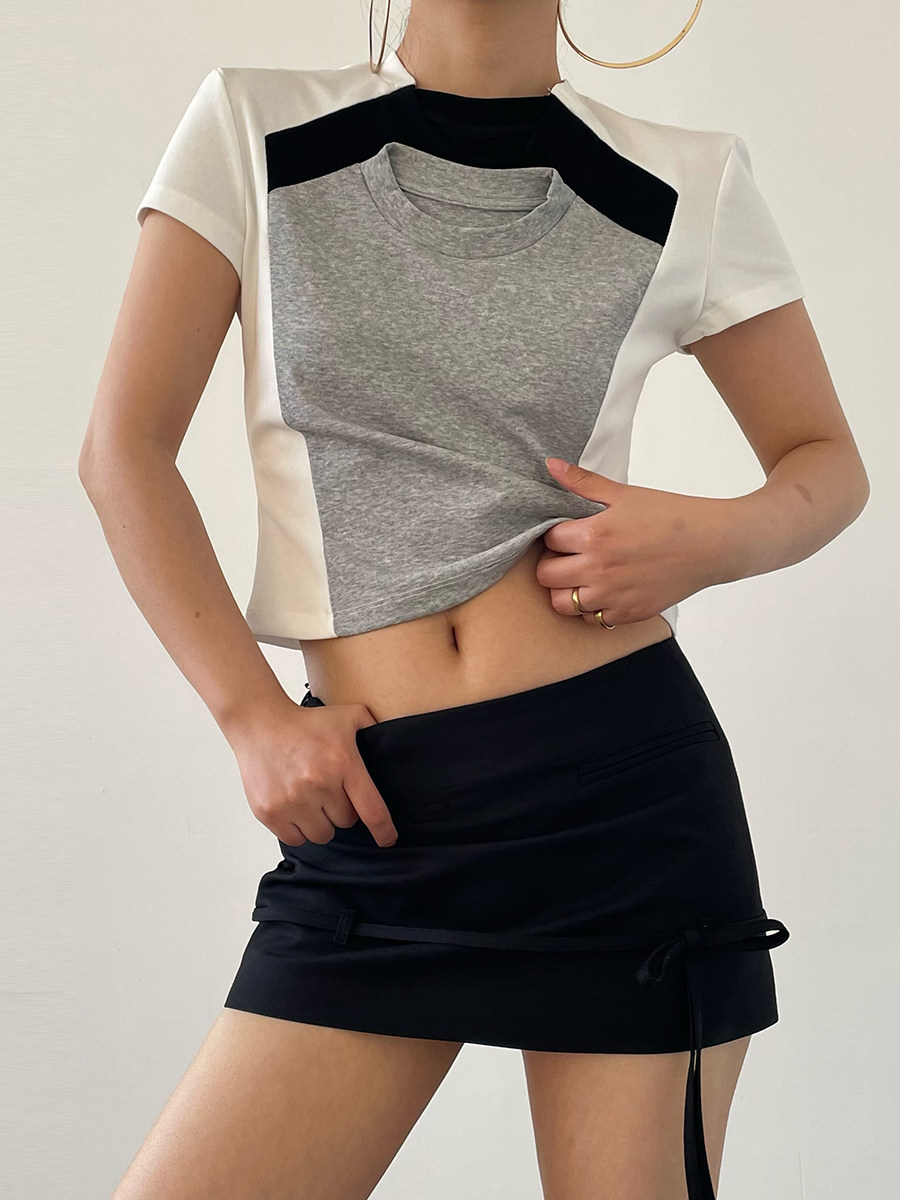 Color Block Crew Neck Cropped Short Sleeve Tee For Women