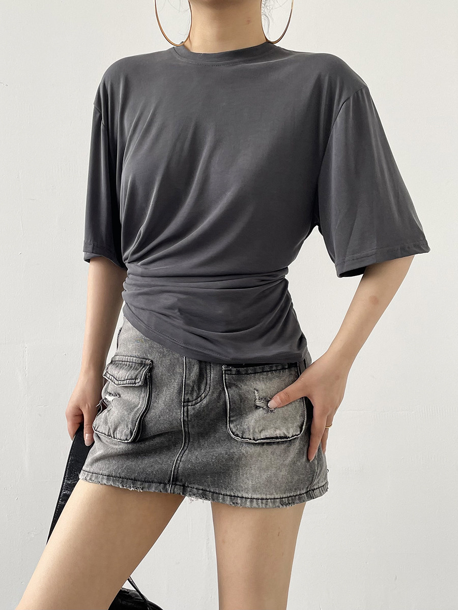 Loose Ruched Crew Neck Short Sleeve Solid Tee For Women