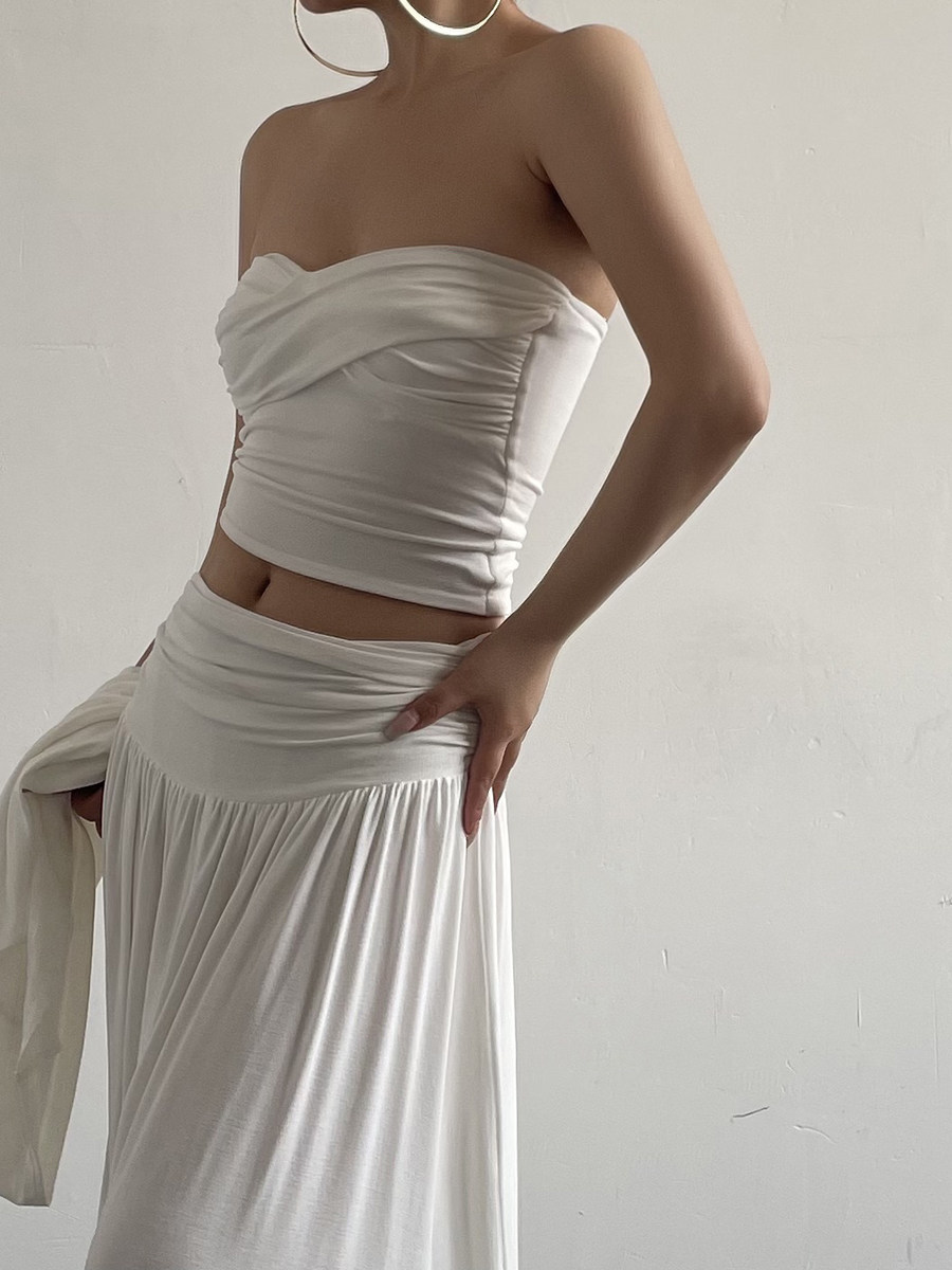Ruched Slim Bandeau Crop Top With Built-in Bra For Women
